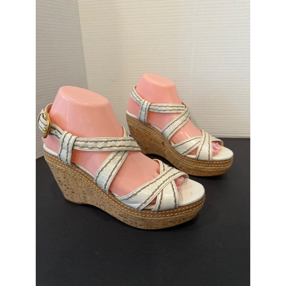 Prada White Whipstitch Leather Espadrille Platform Wedge Sandals Sz 7.5 - Picture 2 of 9